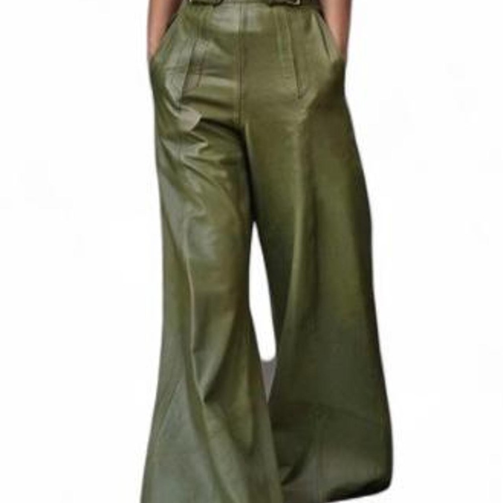 UOOZEE Women's Split-Joint Pocketed Pleated Wide Leg Faux Leather Loose Trousers